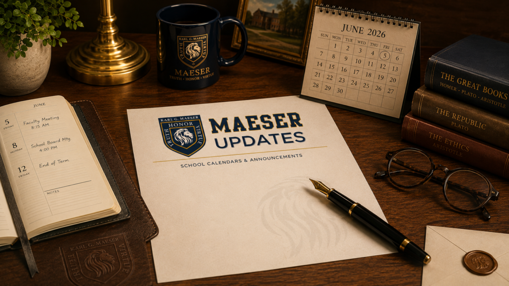 Maeser Updates newsletter displayed on a classical academy desk.