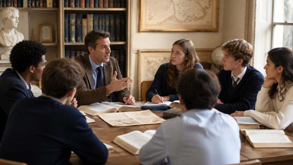 High school students participate in a Socratic seminar at a Utah classical charter school, discussing literature, history, and philosophy as part of an integrated classical curriculum.